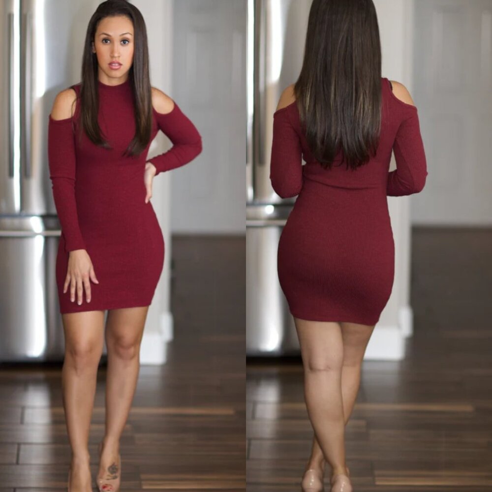 Sabrina Cold Shoulder Mock Neck Mini Dress - Burgundy